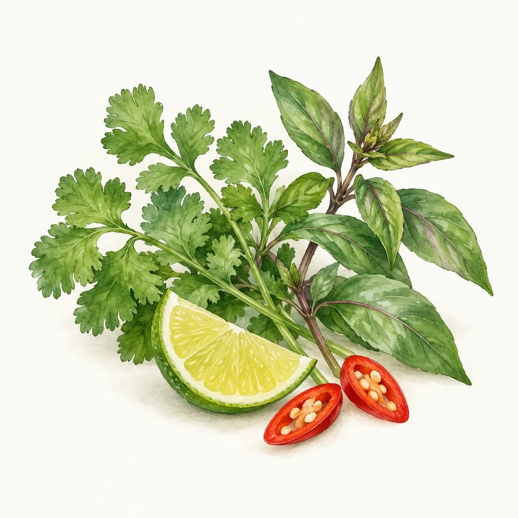 Watercolor illustration of cilantro, basil, lime, and sliced red chili
