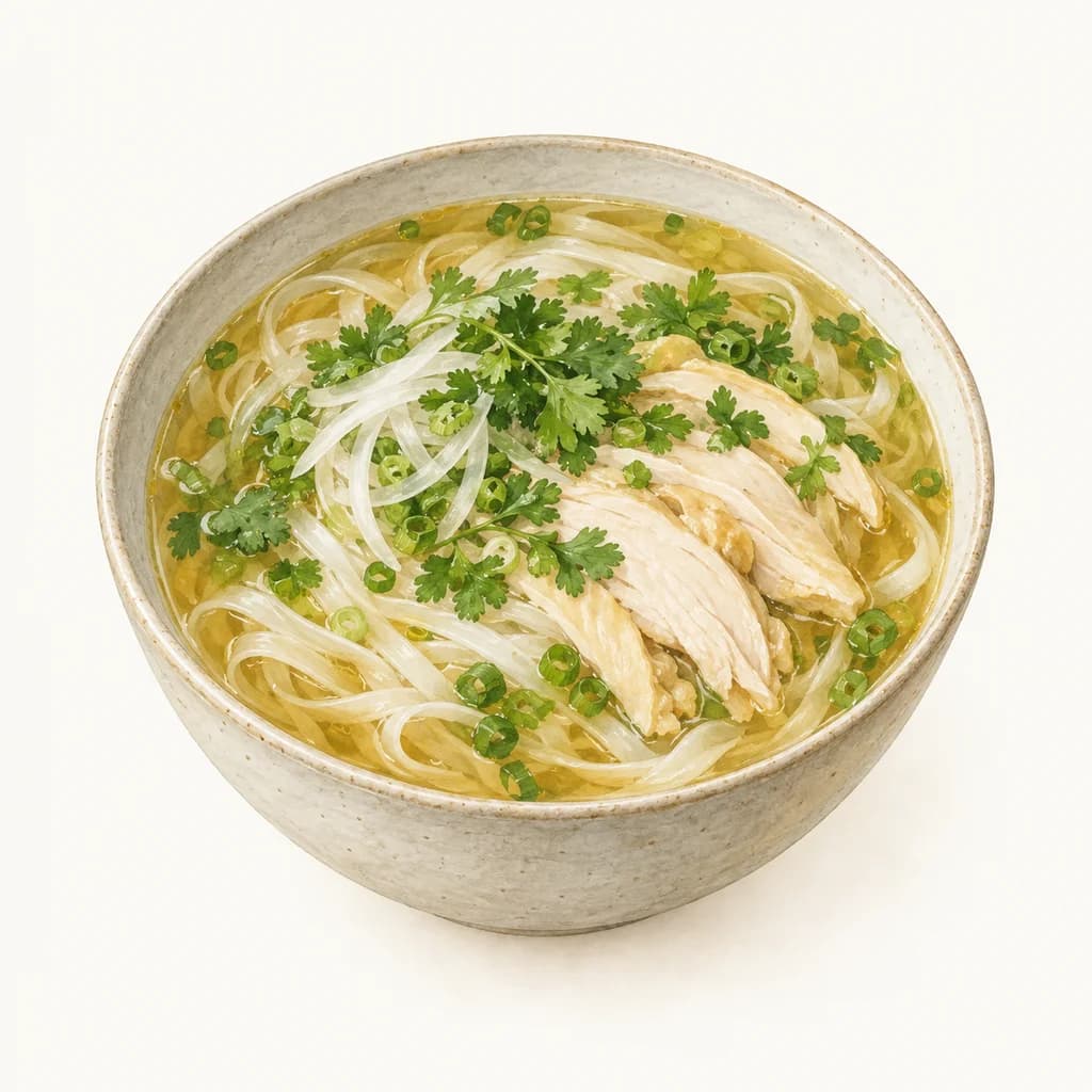 Illustration of chicken pho with rice noodles, sliced chicken, and fresh herbs in a ceramic bowl